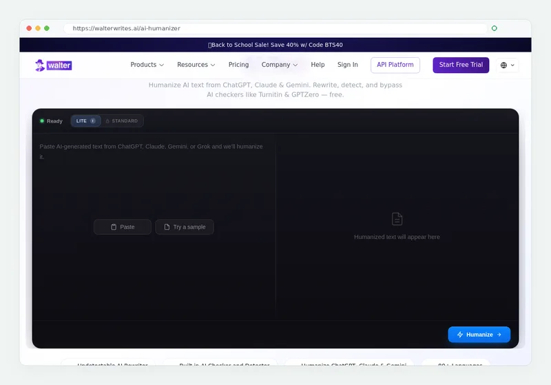 Walter Writes AI humanizer tool on walterwrites.ai, screenshot captured October 20, 2026